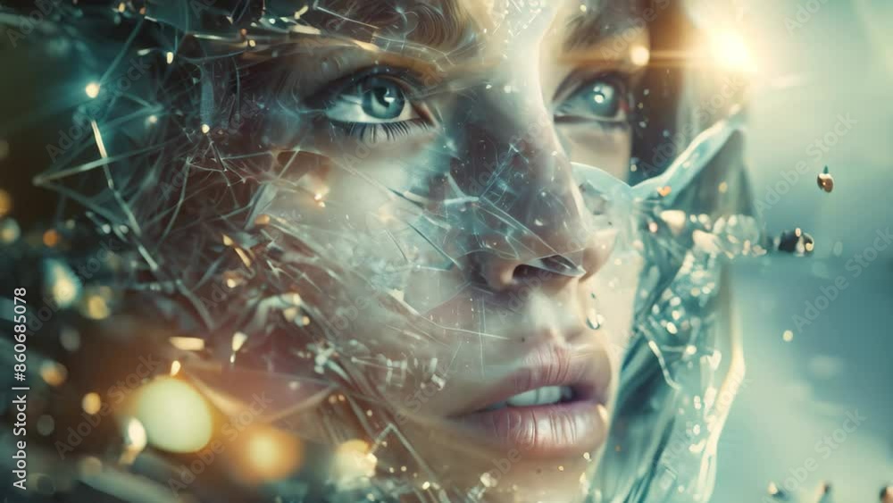 A womans face is adorned with intricate lines and dots, creating a striking visual effect, Conveying the power and resilience of genuine individuals in a digital design A womans face is adorned with intricate lines and dots, creating a striking visual effect, Conveying the power and resilience of genuine individuals in a digital design
