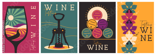Set of modern magazine covers or posters with wine glass, corkscrew and barrels. Restaurant menu design. Vector illustration