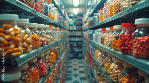 Rows of pill bottles in a pharmacy © FryArt