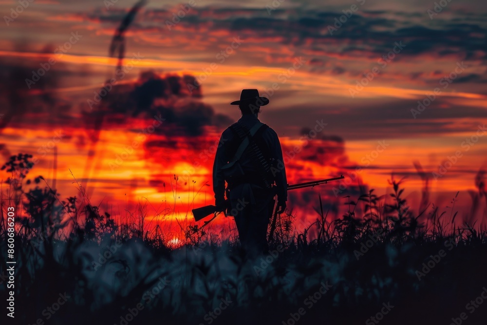 A person with a weapon stands in a field as the sun sets, suitable for use in scenes about outdoor adventure or action A person with a weapon stands in a field as the sun sets, suitable for use in scenes about outdoor adventure or action