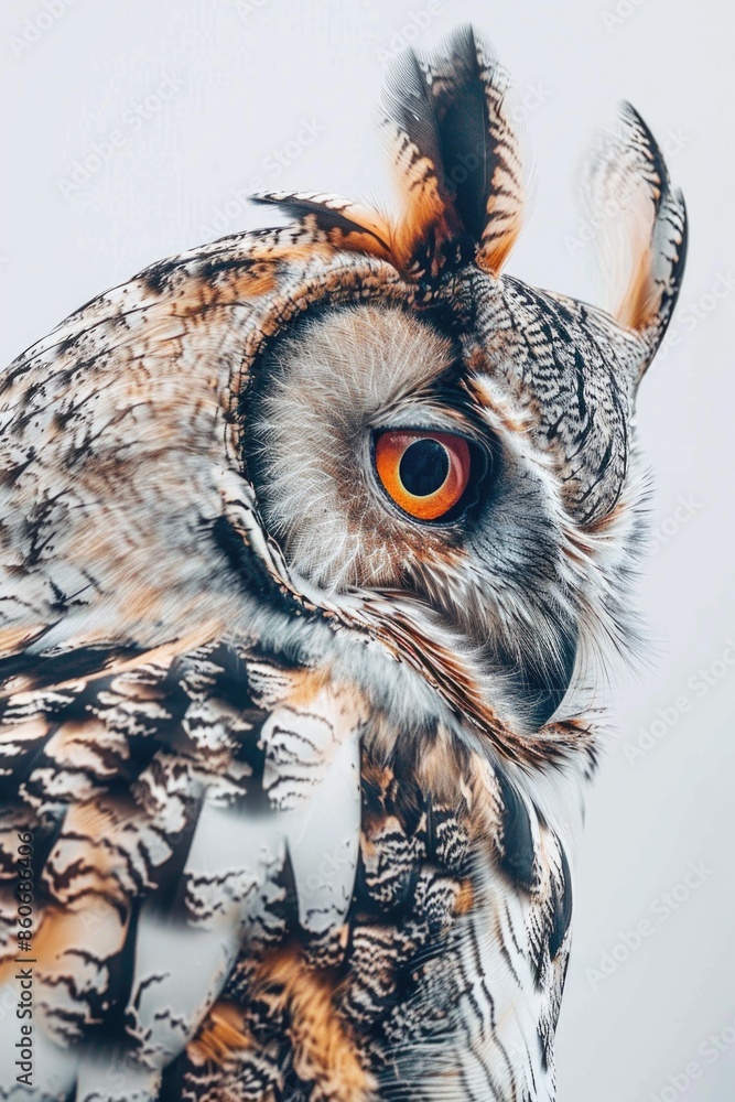 A close-up shot of an owl's face with bright orange eyes A close-up shot of an owl's face with bright orange eyes