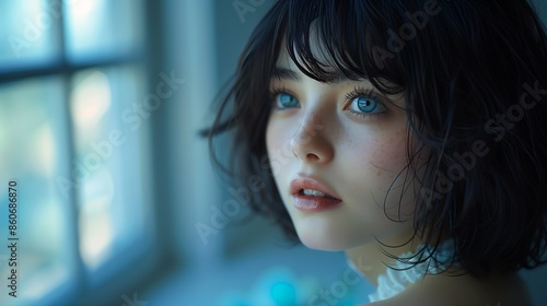 woman short hair blue eyes facial features light makeup focus parted lips still long girl popular south korean dreamy innocence