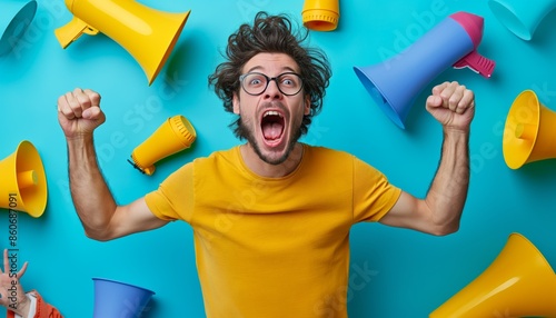 Ecstatic man in yellow shirt with arms raised surrounded by flying yellow megaphones on blue background photo