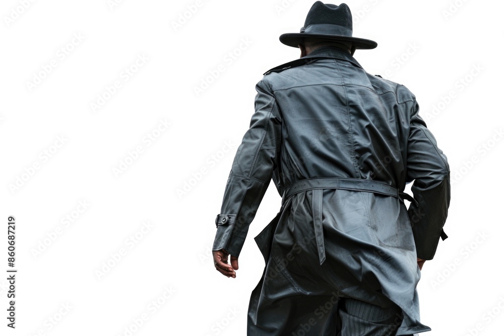 A person walking on the street wearing a trench coat and hat, suitable for various scenarios such as film noir, detective story or everyday life A person walking on the street wearing a trench coat and hat, suitable for various scenarios such as film noir, detective story or everyday life