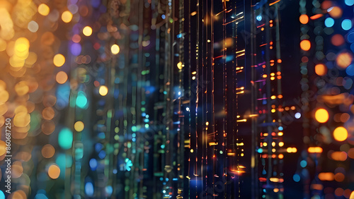 A close-up view of vibrant digital data transfer with a bokeh effect, featuring multicolored neon lights and dynamic patterns, representing modern technology and seamless data communication.