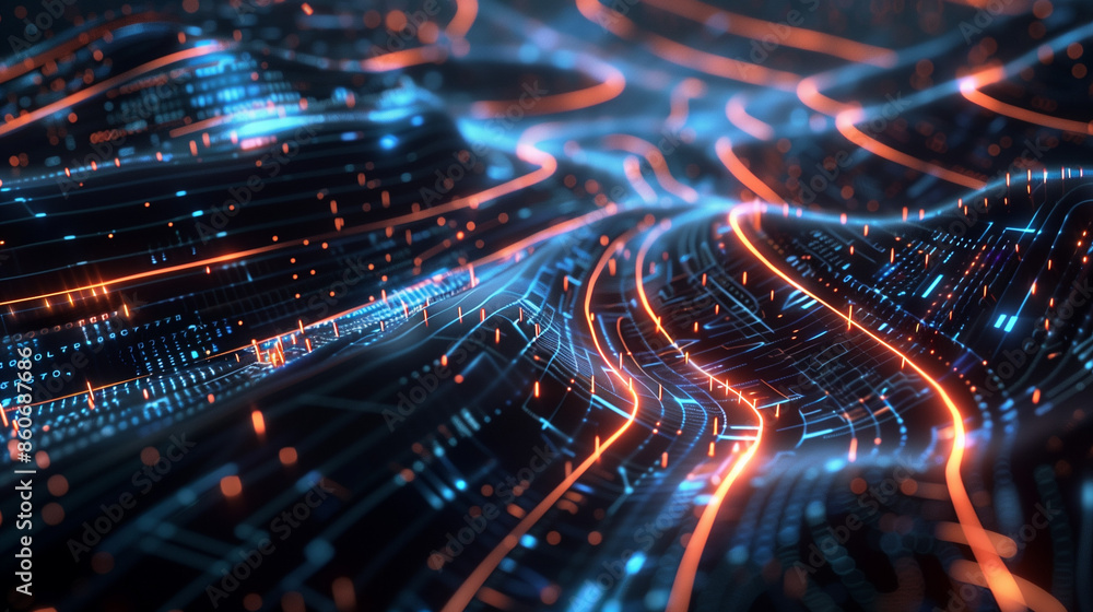 dynamic digital landscape with flowing data streams and neural networks, representing futuristic artificial intelligence technology dynamic digital landscape with flowing data streams and neural networks, representing futuristic artificial intelligence technology