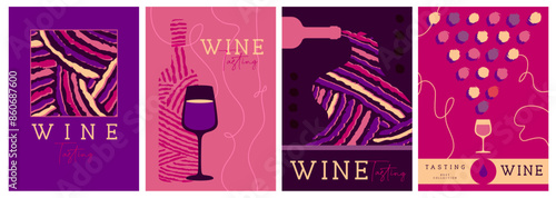 Set of modern magazine covers or posters with wine bottles, glasses and abstract texture. Restaurant menu design. Vector illustration