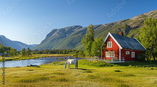 Summer landscape with a red house and a white horse in the mountains