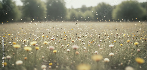 Pollen grains and pollen particles, which can trigger allergies, are transported by wind through the air in a meadow in spring photo