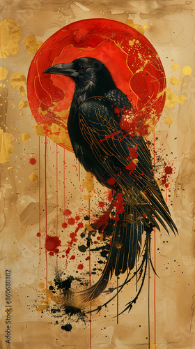 blackbird red sun background sanguinary blood splatters vibrant dreary gold line tattoos flaming heart swarms ravens metallic crowned inkblots color paint