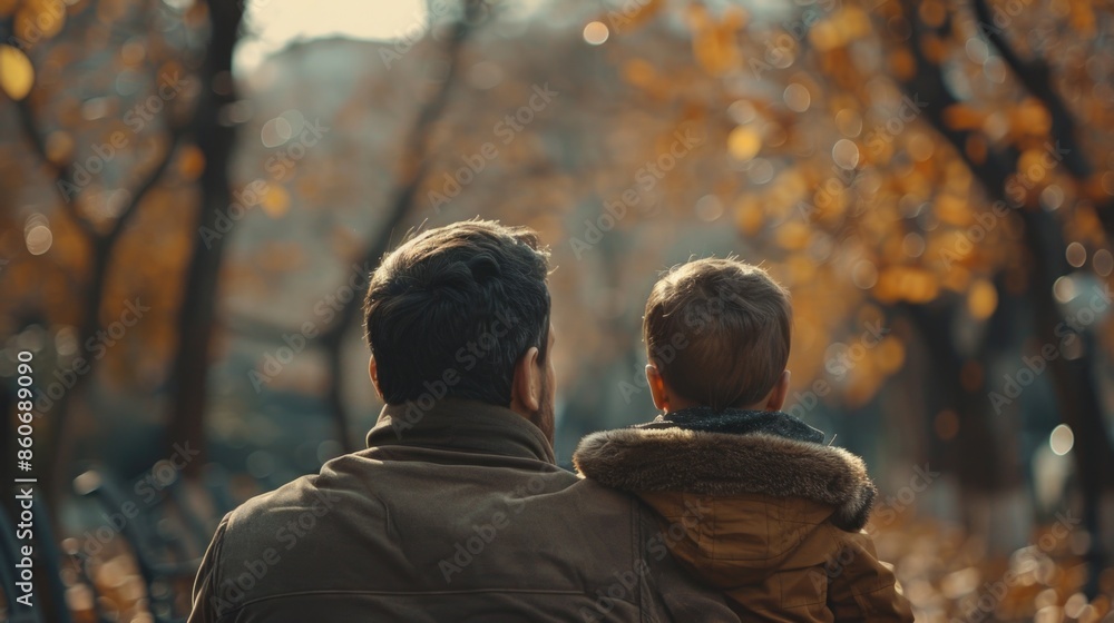 A father and son enjoying quality time together on a park bench A father and son enjoying quality time together on a park bench