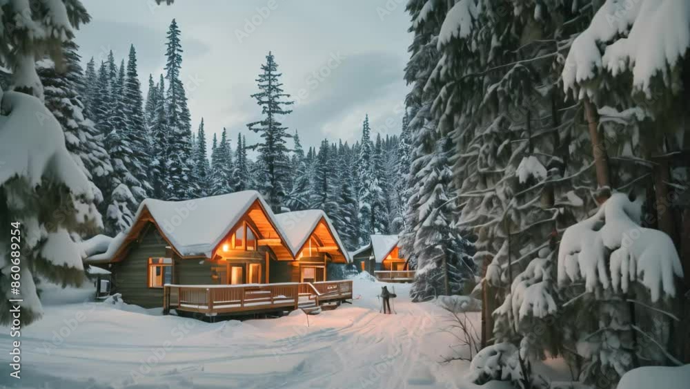 A cabin surrounded by snow-covered trees in the middle of a winter forest, Cozy cabins nestled in the snowy wilderness, with skiers passing by A cabin surrounded by snow-covered trees in the middle of a winter forest, Cozy cabins nestled in the snowy wilderness, with skiers passing by