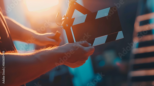 Man hands holding movie clapper Film director conceptcamera show viewfinder image catch motion in interview or broadcast wedding ceremony catch feeling stopped motion in best memorial  : Generative AI photo