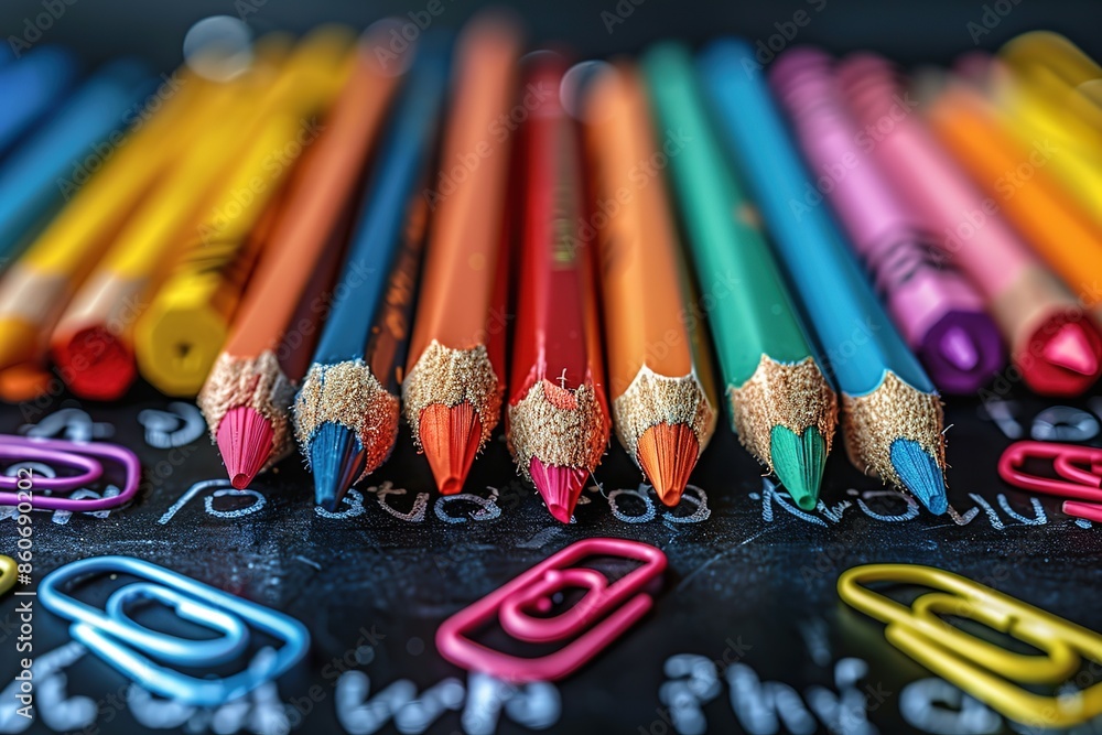 Obraz premium A row of colored pencils are on a blackboard with a binder clip