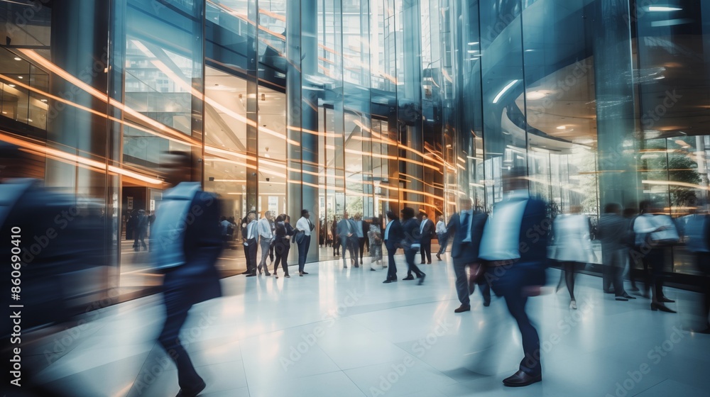 Long exposure shot of crowd of business people walking in bright office lobby fast moving with blurry Long exposure shot of crowd of business people walking in bright office lobby fast moving with blurry