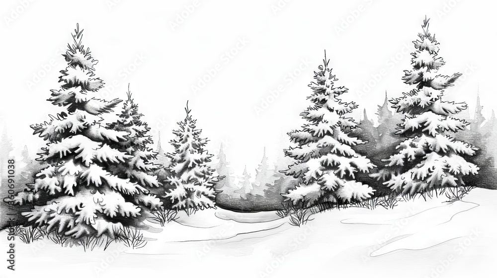 Obraz premium Black and white winter landscape with snow-covered pine trees.