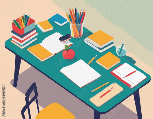 
High Angle View Of Student Table With School Stationery. Student Doing Homework. Back To School Concept