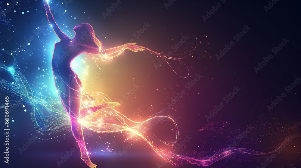 A luminous silhouette of a dancer gracefully moves through a colorful, abstract background...An ethereal depiction of movement and elegance, illuminated by vibrant, swirling light patterns A luminous silhouette of a dancer gracefully moves through a colorful, abstract background...An ethereal depiction of movement and elegance, illuminated by vibrant, swirling light patterns