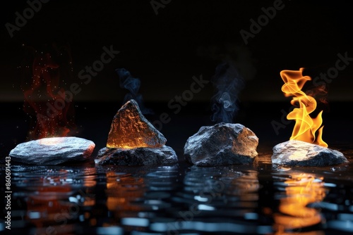 Group of rocks perched on the surface of a lake or ocean, suitable for use in scenes related to nature, landscape, or travel photo
