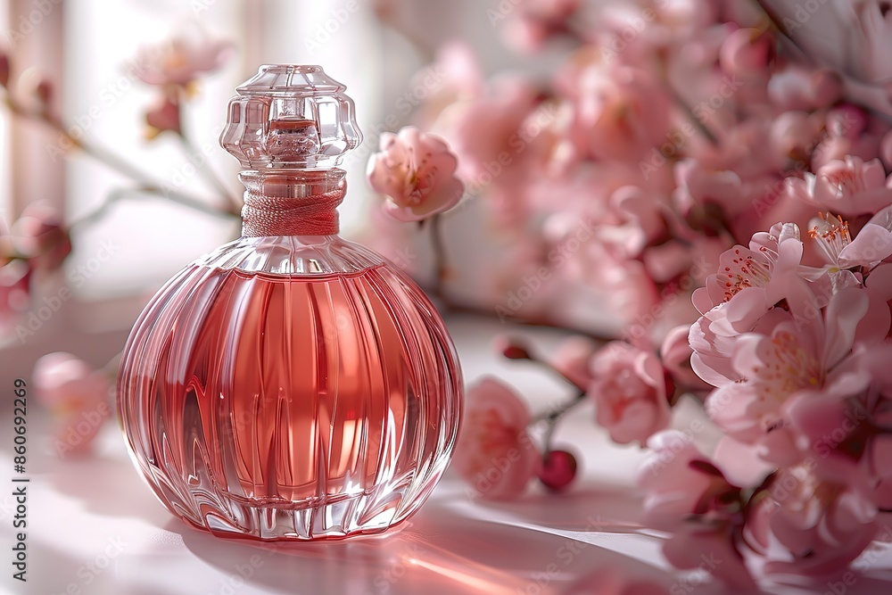 A bottle of perfume is sitting on a table next to a bunch of pink flowers A bottle of perfume is sitting on a table next to a bunch of pink flowers