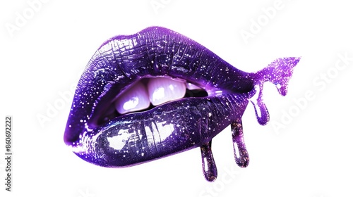A close up shot of a purple lip with dripping liquid, suitable for beauty or cosmetic applications photo