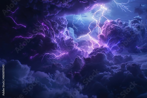 A powerful lightning storm illuminates the dark clouds and night sky photo
