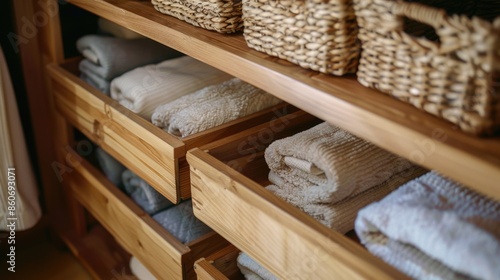 Stacked towels on a wooden shelf