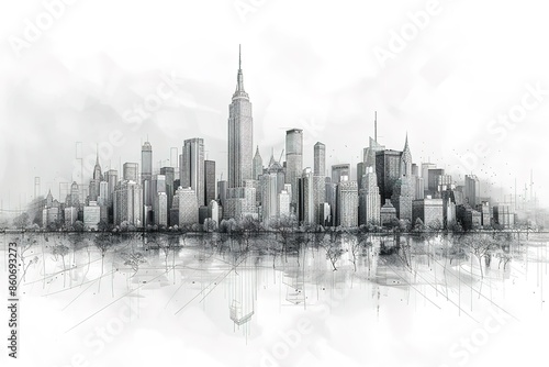 Fototapeta Naklejka Na Ścianę i Meble -  A city skyline with a tall building in the middle