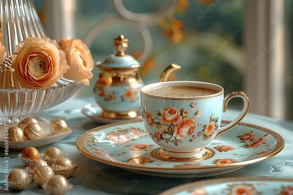 Fototapeta premium A blue and white floral patterned tea set is on a table with a vase of orange fl
