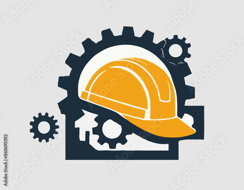 Helmet and gear. Safety and protection, engineer. Construction, labor and engineering symbols. Workwear, helmet construction and cogwheel vector design and illustration
