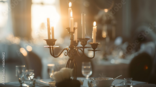 Wedding reception hall with decor including candles cutlery and crockery selective focus on candelabra : Generative AI