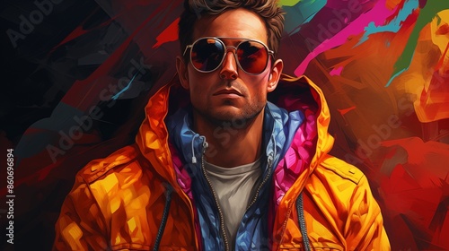 Man Wearing Colorful Jacket and Sunglasses.