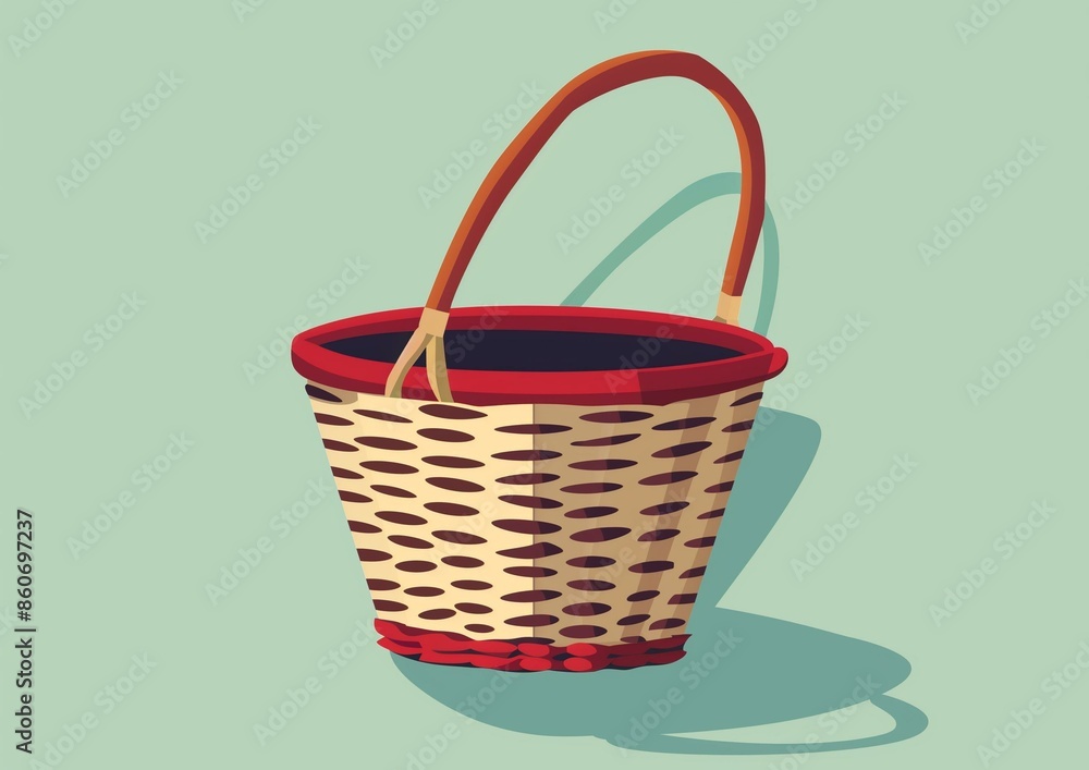 Illustrated Wicker Basket with Handle on Light Green Background Illustrated Wicker Basket with Handle on Light Green Background