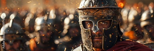 Roman legionaries with armor on, are standing together, Ready to fight. cinematic stills, selective focus. group of armed knights.