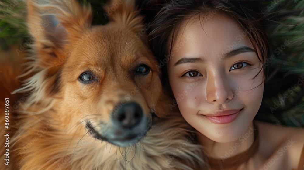 Woman and Dog Posing Together on Grass Woman and Dog Posing Together on Grass