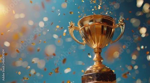 Gold Trophy With Confetti Against Blue Background