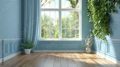 3D rendering of a blue classic interior with a wooden floor and white window frame. The room is decorated in a light blue color, there are plants on the wall. It is a sunny day outside. © Chaiwat