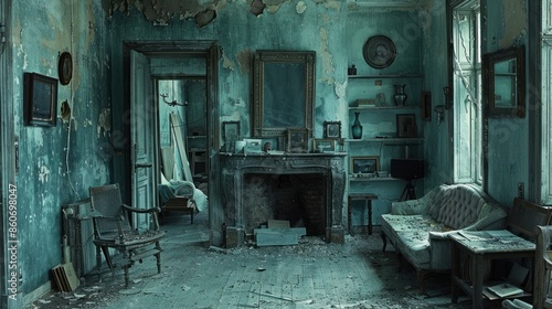 The interior of a dilapidated, abandoned room with peeling paint and a window highlighting the damaged, weathered and eerie state of the house.