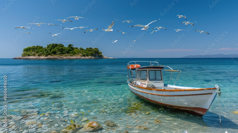 Serene beach landscape: a white boat moored off the shore, surrounded by a flock of flying seagulls on an island in the background. Serene beach landscape: a white boat moored off the shore, surrounded by a flock of flying seagulls on an island in the background.