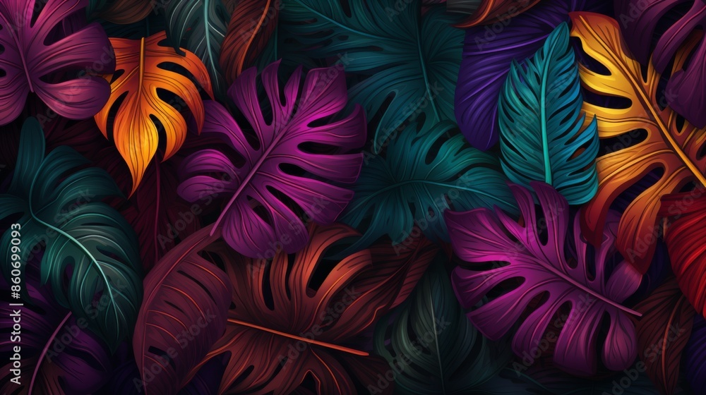 This colorful image showcases a diverse array of tropical leaves in vibrant hues including purple, orange, and turquoise, set against a contrasting dark background. This colorful image showcases a diverse array of tropical leaves in vibrant hues including purple, orange, and turquoise, set against a contrasting dark background.
