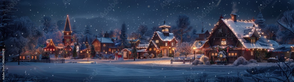 Snowy night scene of a Christmas village with houses decorated with Christmas garlands. Snowy night scene of a Christmas village with houses decorated with Christmas garlands.
