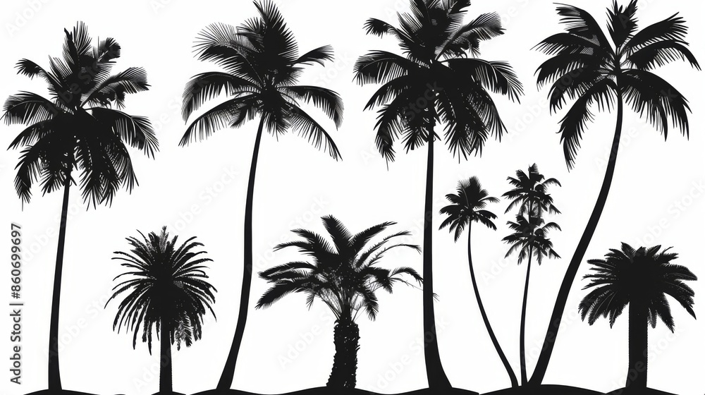 An arrangement of various palm tree silhouettes set against a white background showcasing different types and structures, perfect for design and decor purposes. An arrangement of various palm tree silhouettes set against a white background showcasing different types and structures, perfect for design and decor purposes.