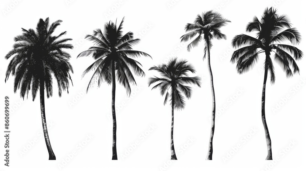 A collection of palm tree silhouettes exhibiting diverse shapes and sizes, highlighted against a simple background, ideal for artistic design and decor. A collection of palm tree silhouettes exhibiting diverse shapes and sizes, highlighted against a simple background, ideal for artistic design and decor.