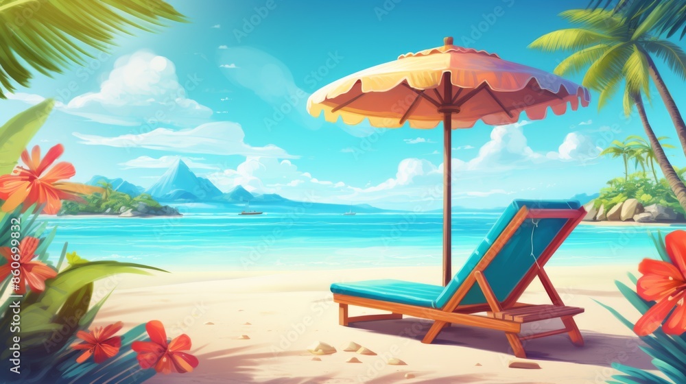 A sunlit tropical beach scene featuring a lounge chair under a colorful umbrella, surrounded by lush flowers with a scenic mountain view in the background. A sunlit tropical beach scene featuring a lounge chair under a colorful umbrella, surrounded by lush flowers with a scenic mountain view in the background.