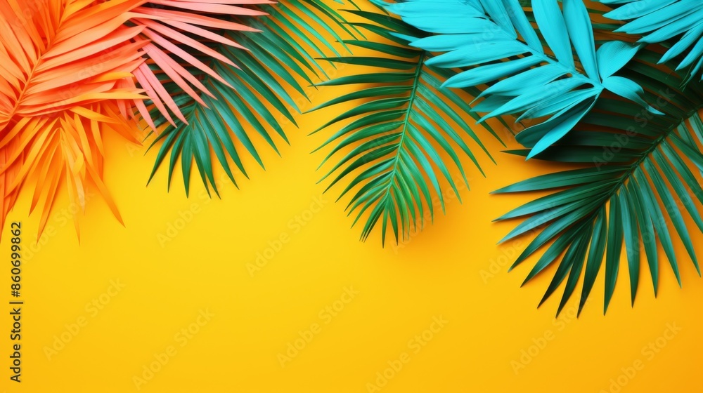 Bright and colorful palm leaves set against a vibrant yellow background, creating a striking and cheerful tropical-themed abstract image perfect for decor or design projects. Bright and colorful palm leaves set against a vibrant yellow background, creating a striking and cheerful tropical-themed abstract image perfect for decor or design projects.