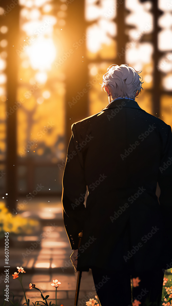 夕方の光と白髪紳士の背中 AI画像 ジェネレーティブAI 夕方の光と白髪紳士の背中 AI画像 ジェネレーティブAI