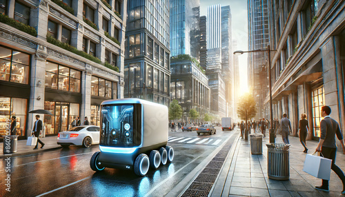  robot delivery vehicle navigating through a bustling modern city street, surrounded by high-rise buildings, shops, and pedestrians, showcasing futuristic urban technology.