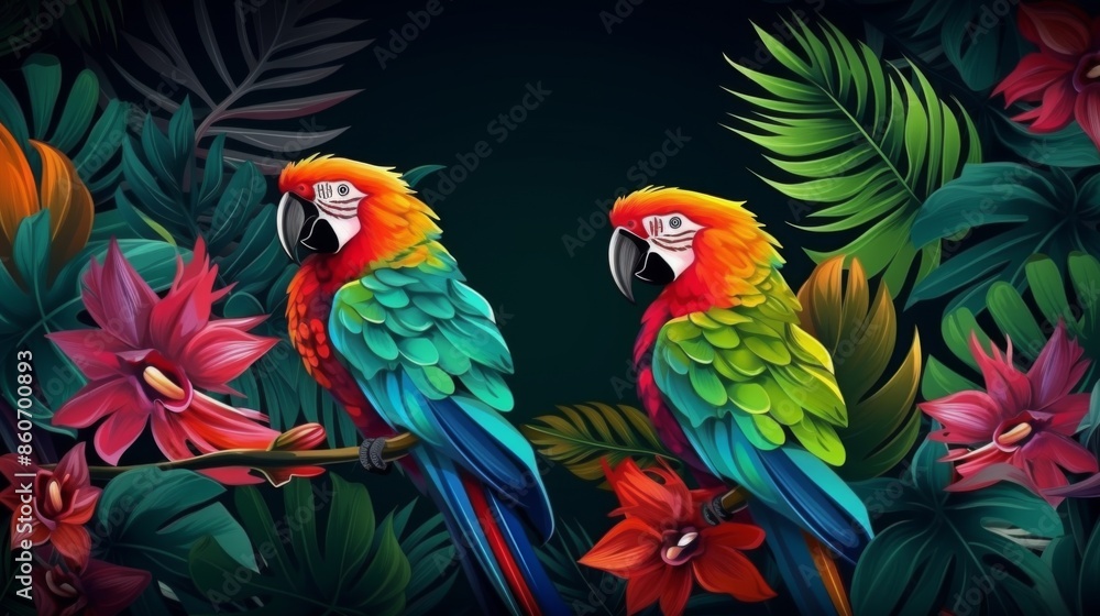 An eye-catching image of colorful parrots among vibrant tropical flowers, showcasing the rich diversity and beauty of the natural world in a vivid and detailed style. An eye-catching image of colorful parrots among vibrant tropical flowers, showcasing the rich diversity and beauty of the natural world in a vivid and detailed style.