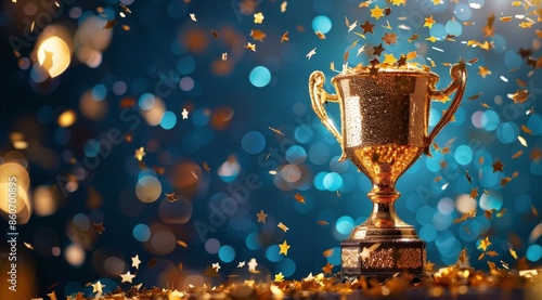 Gold Trophy With Confetti Against Blue Background