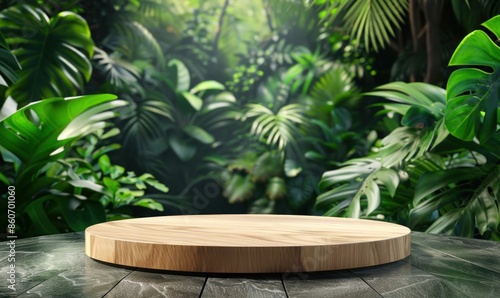 Empty Wooden Round Board on Table with Tropical Leaves Background. Generative ai